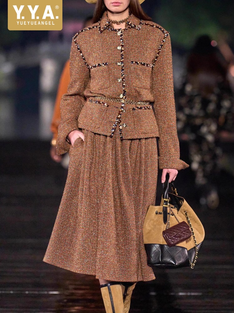 Down Jacket Packable - Female Elegant Turndown Collar Sequin Tweed